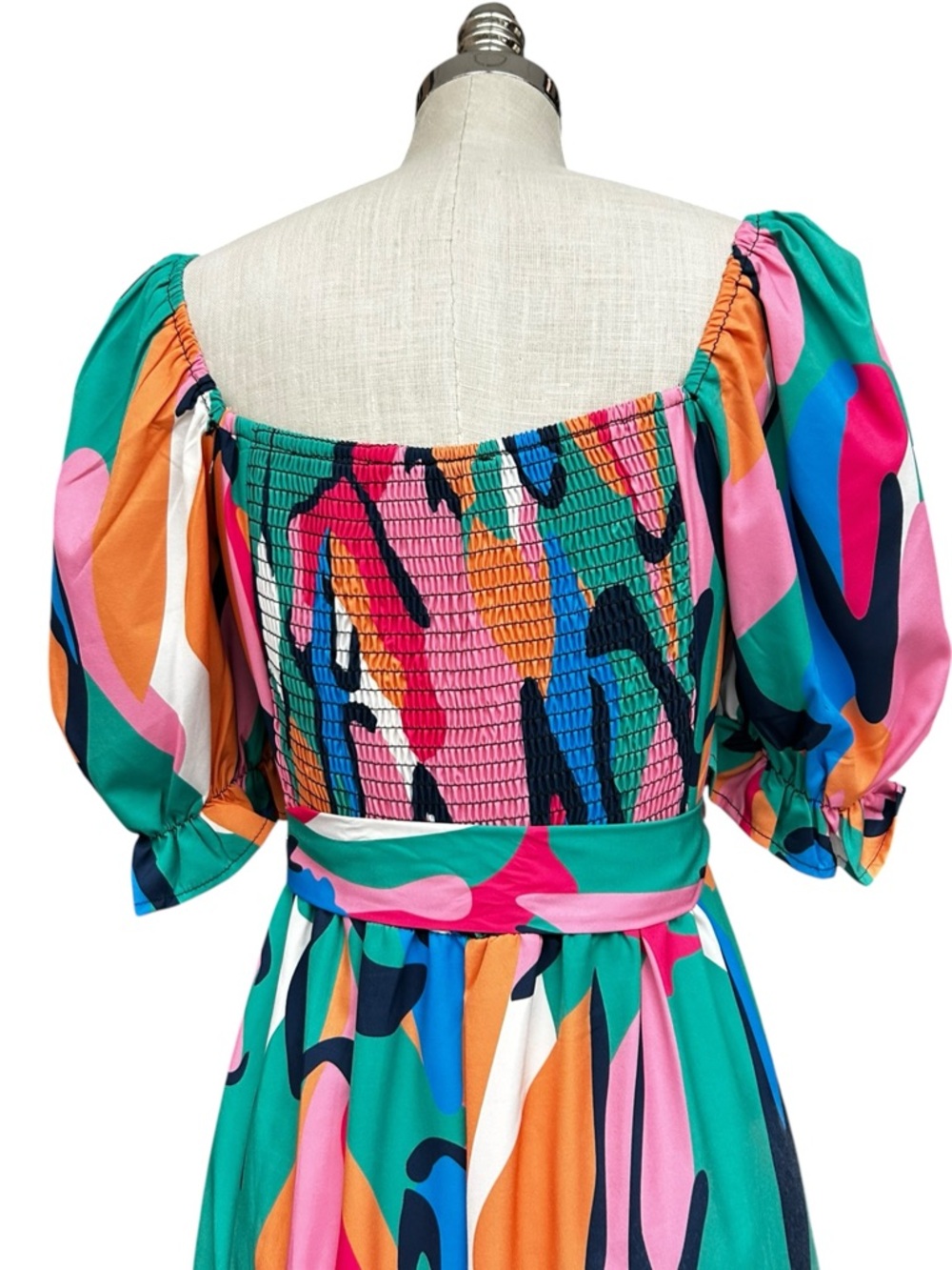 Sunday Up Multicolor Abstract Midi Dress Size Large Puff Sleeve Summer Tea Dress - Picture 9 of 15